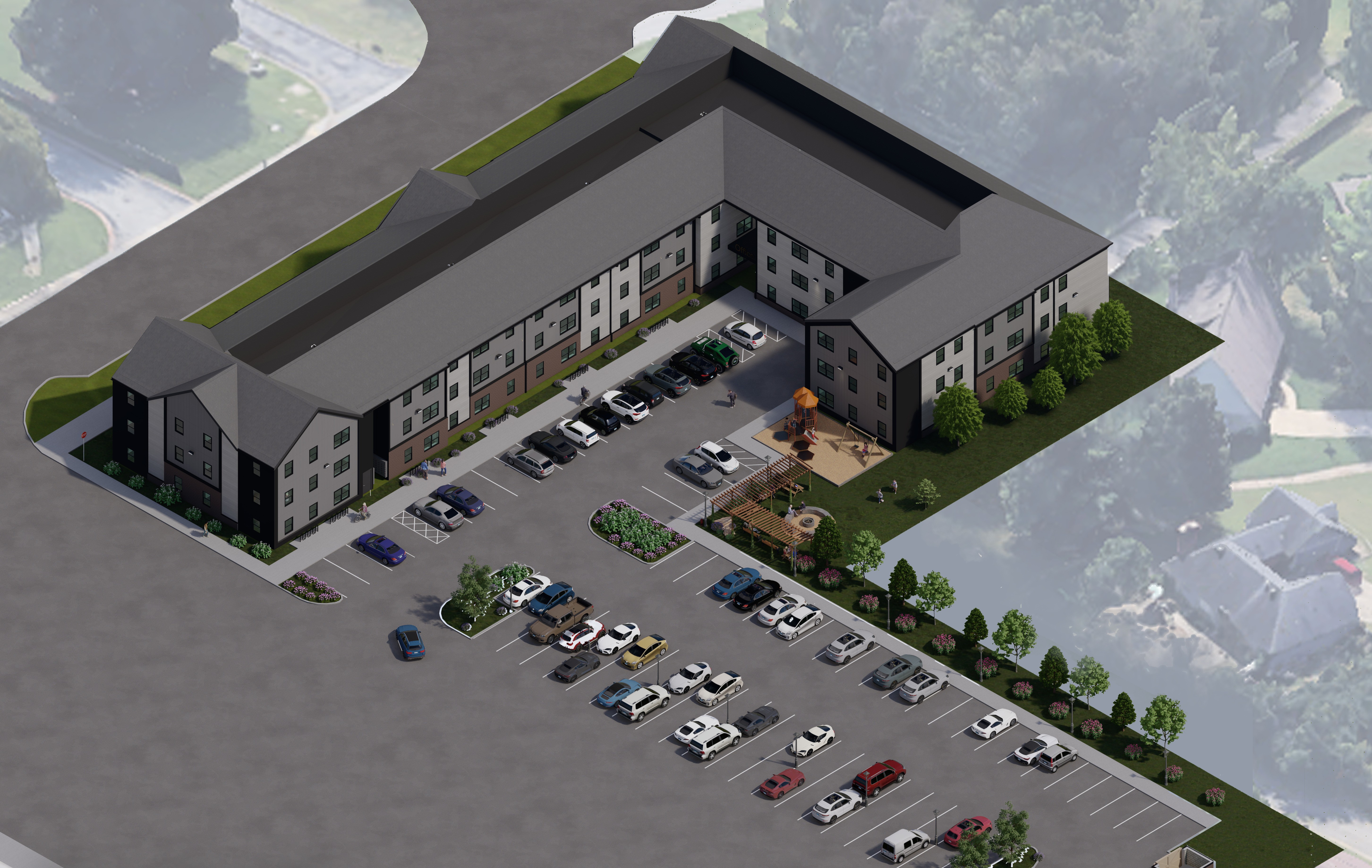 A 3D rendered image of a parking lot in front of a building.